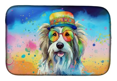 Bearded Collie Hippie Dawg Dish Drying Mat Absorbent Dish Drying Mat Pad for Kitchen Counter Dish Drainer Mat for Countertop, 14 x 21", Multicolo