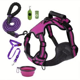 Tactical Service Dog Harness Strap Set, Car Seat Belt, Collapsible Bowl, Biodegradable Trash Bag Set For Dogs (Option: Purple-XS)